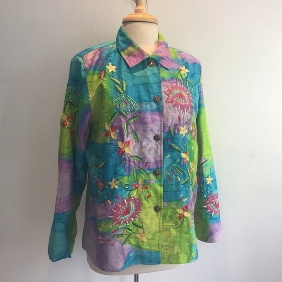 Indigo Moon embroidered and embellished jacket on watercolor effect cloth Medium - Picture 1 of 11